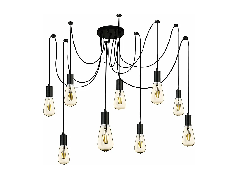 Lampadario Industrial-Nordico Squiggle Acciaio Nero 9 Luci E27