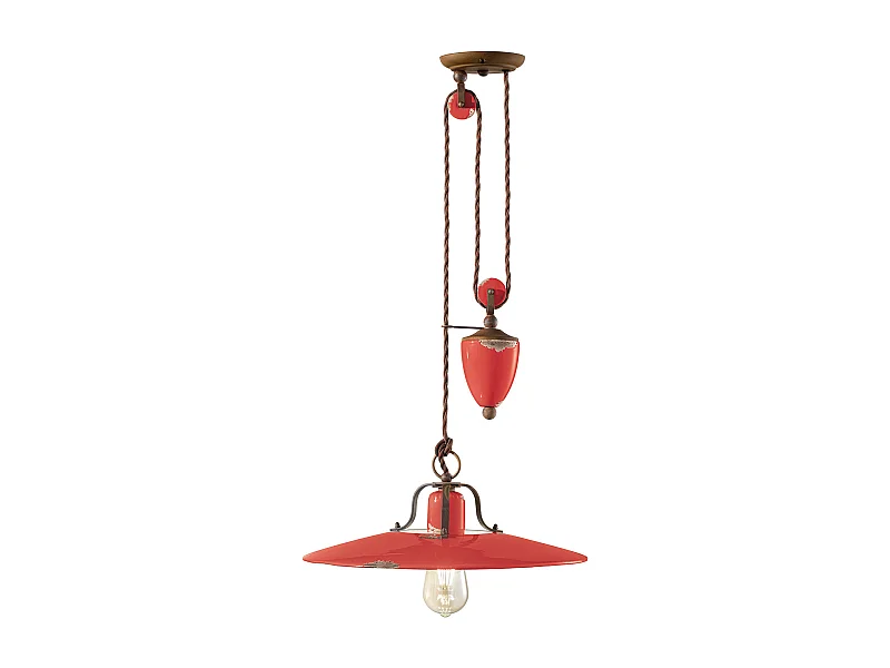 Lampadario Vintage Country Saliscendi Ferro E Ceramica Rosso 1 Luce E27