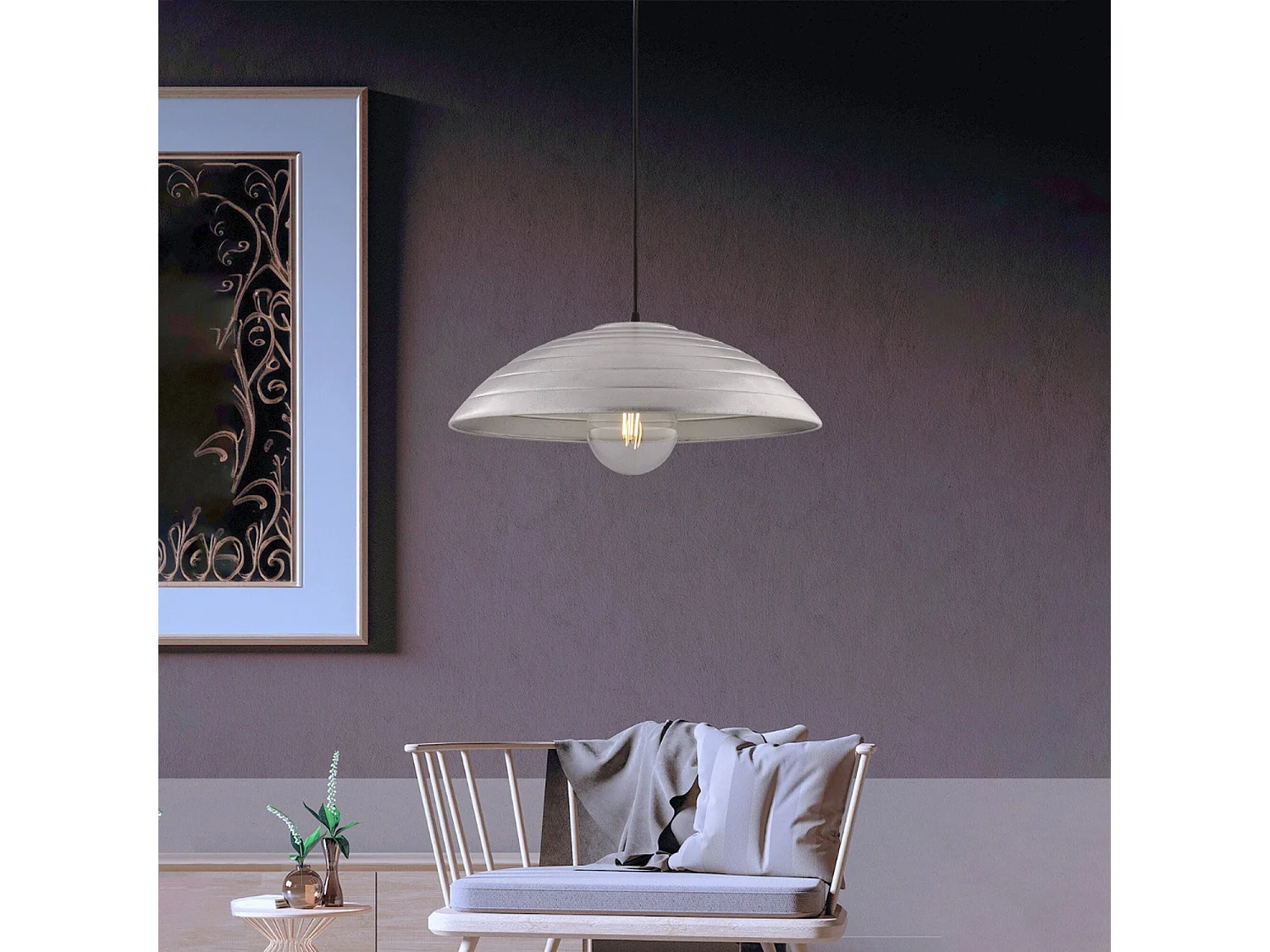 Suspension Expéditeur d.50 cm, fer noir, déco argent antique, câble tissu réglable, 1 lumière, design sobre et chic