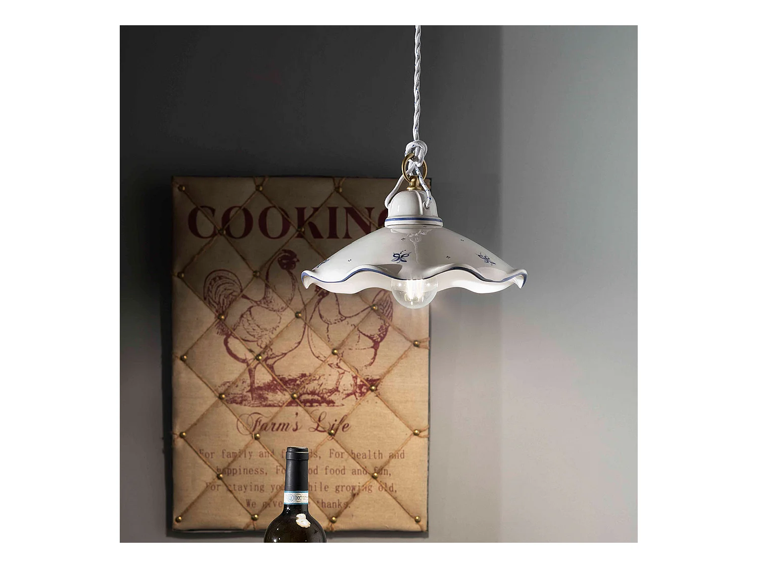 Lampadario Classico Belluno Ceramica E Ottone Decorato Filo Blu 1 Luce E27