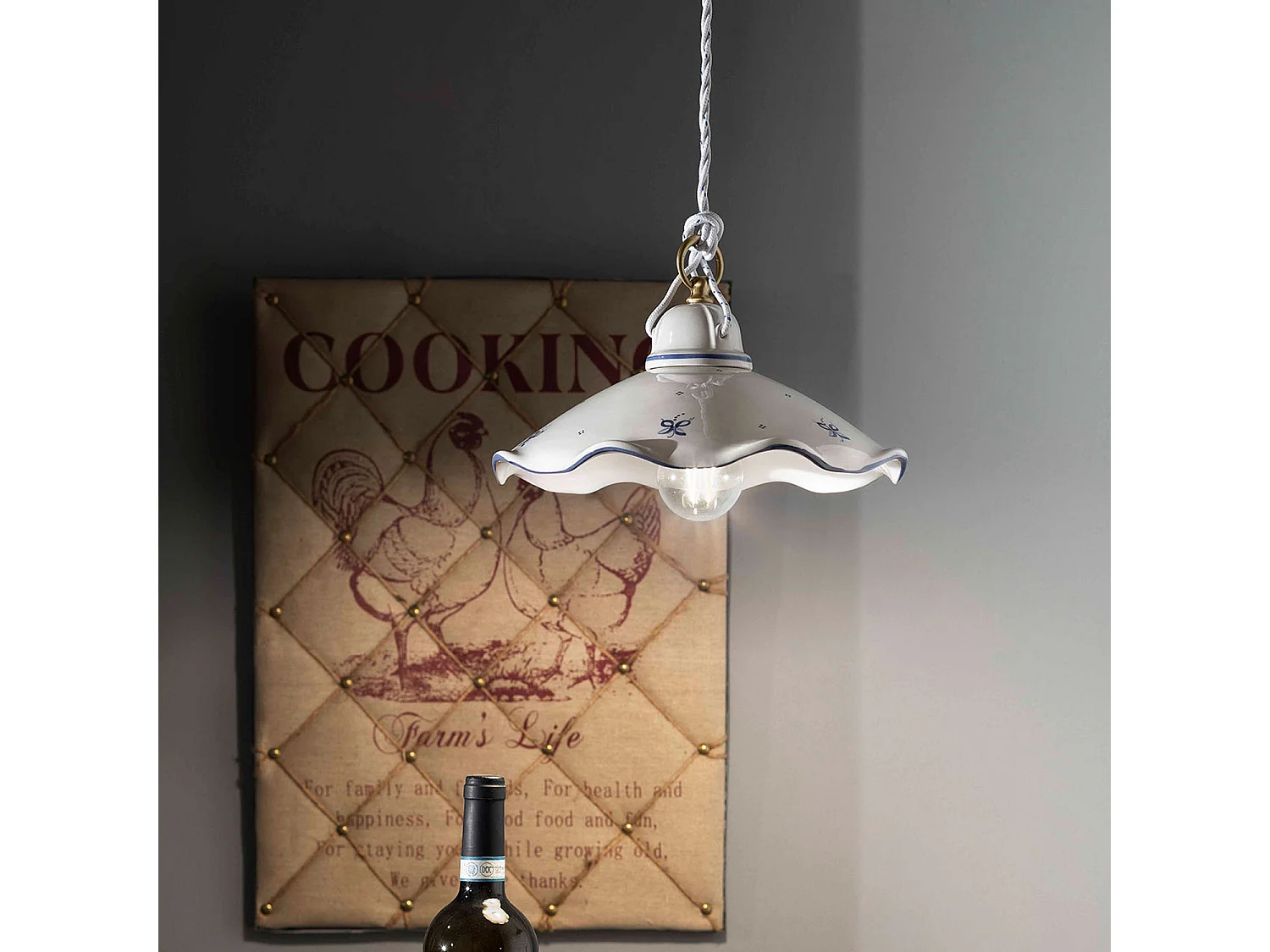 Lampadario Classico Belluno Ceramica E Ottone Decorato Filo Blu 1 Luce E27