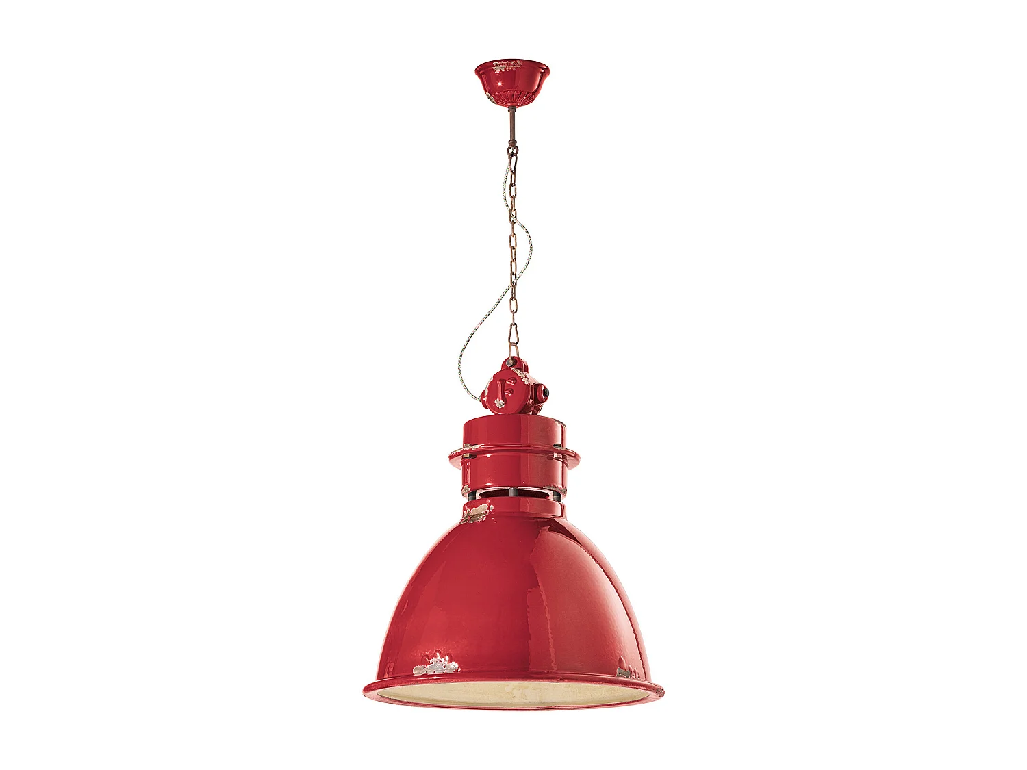 Lampadario Industrial Ferro E Ceramica Vintage Rosso 1 Luce E27 50Cm