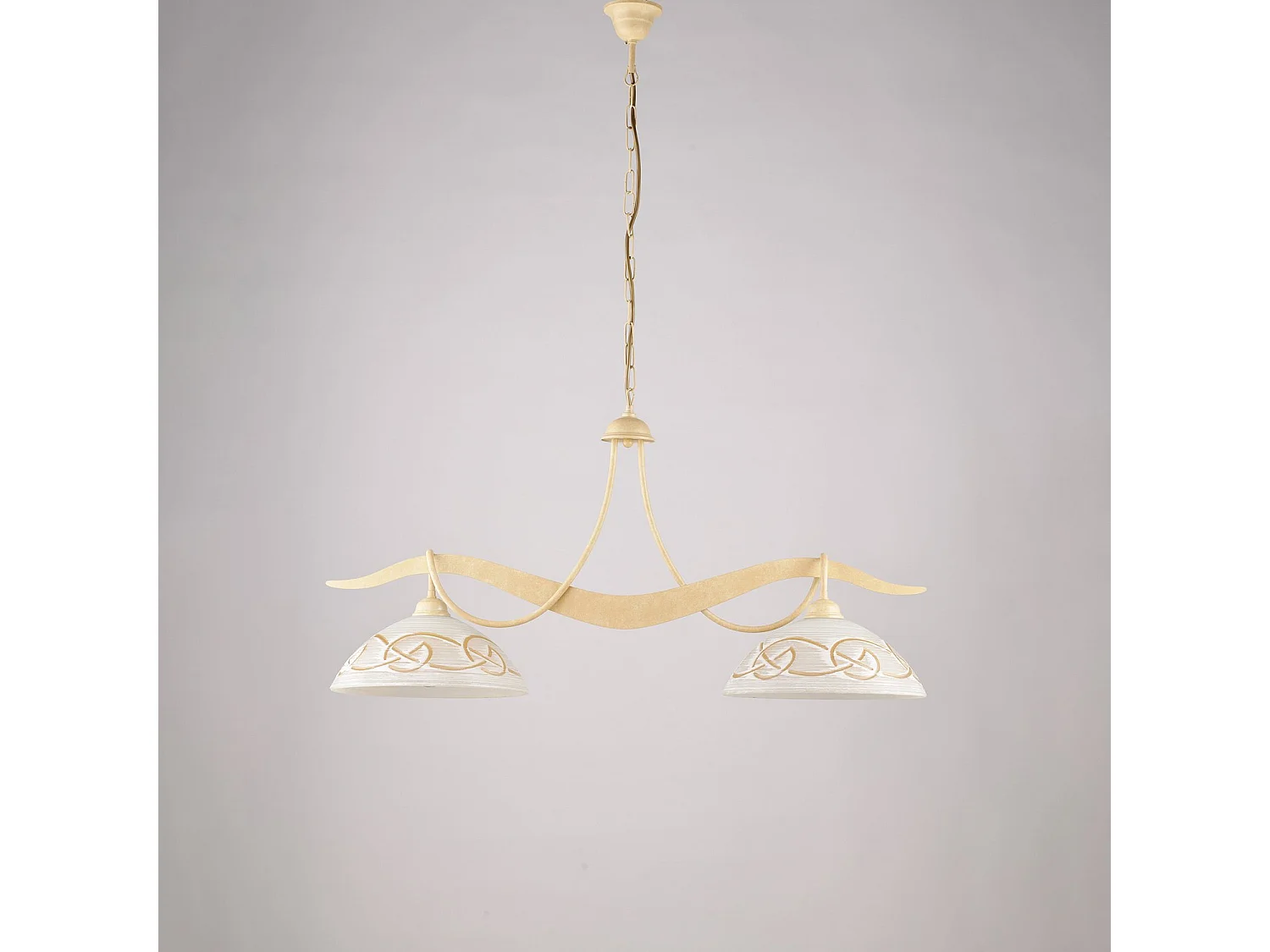 Bilbao - Lustre em ferro marfim com deco efeito decapado e difusores de vidro d. 30 luzes brancas e âmbar 2 L. 89 X 30