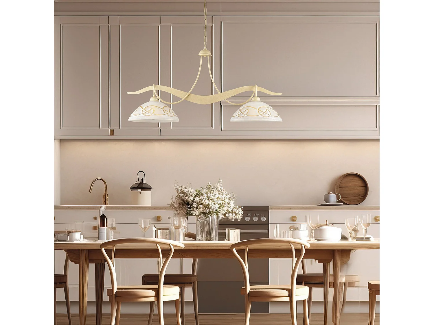 Bilbao - Lustre em ferro marfim com deco efeito decapado e difusores de vidro d. 30 luzes brancas e âmbar 2 L. 89 X 30