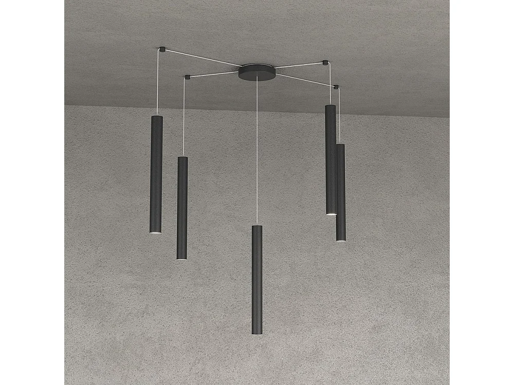 Round Tube Sospensione 5 Luci Nero Cavo Cm.250 Con Base
