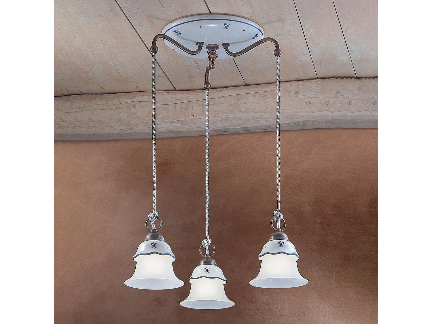 Lampadario Tondo Classico Ferrara Metallo Ceramica Nero Sfumato Rame 3 Luci E14