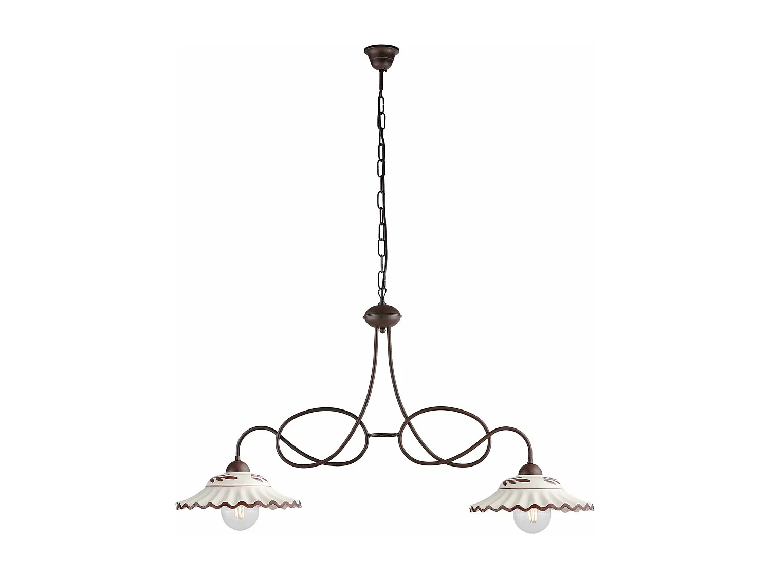 Lustre Bistrot fer noir, décor rouille, céramique d.30 blanc/marron, 2 lumières, format allongé 98x30 cm