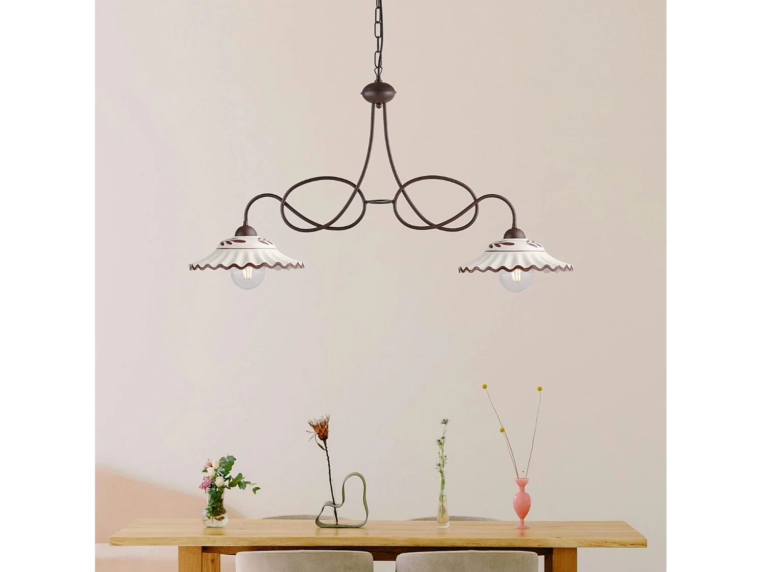 Lustre Bistrot fer noir, décor rouille, céramique d.30 blanc/marron, 2 lumières, format allongé 98x30 cm