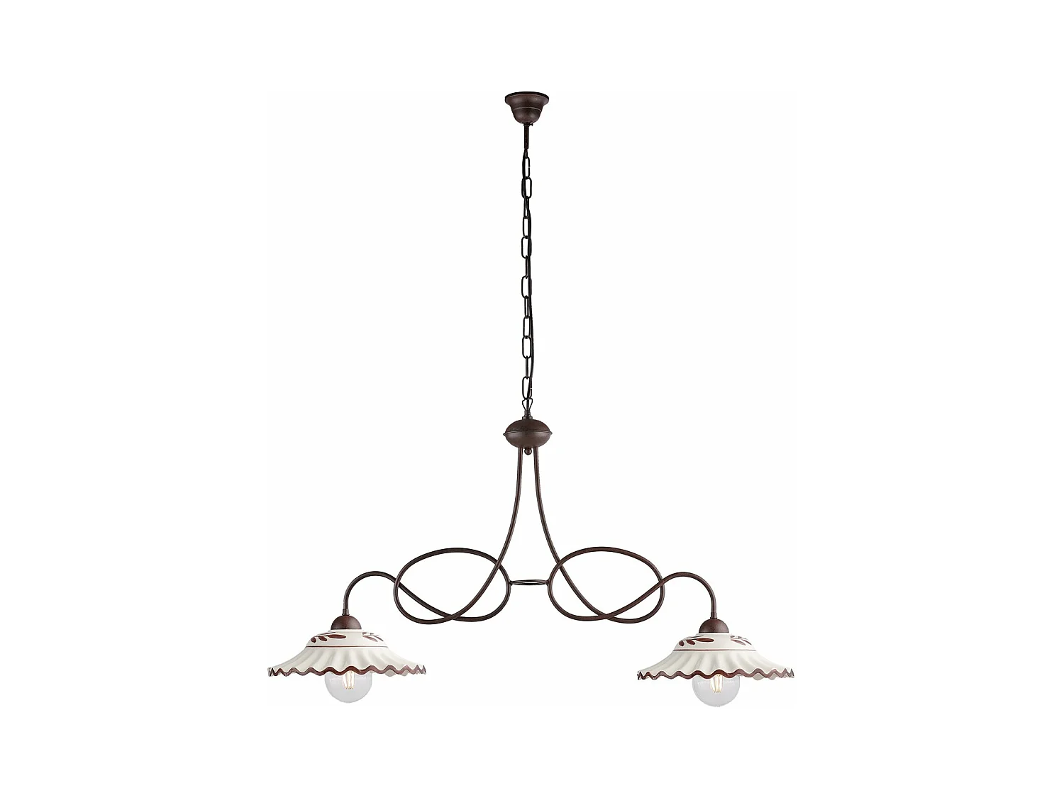 Lustre Bistrot fer noir, décor rouille, céramique d.30 blanc/marron, 2 lumières, format allongé 98x30 cm