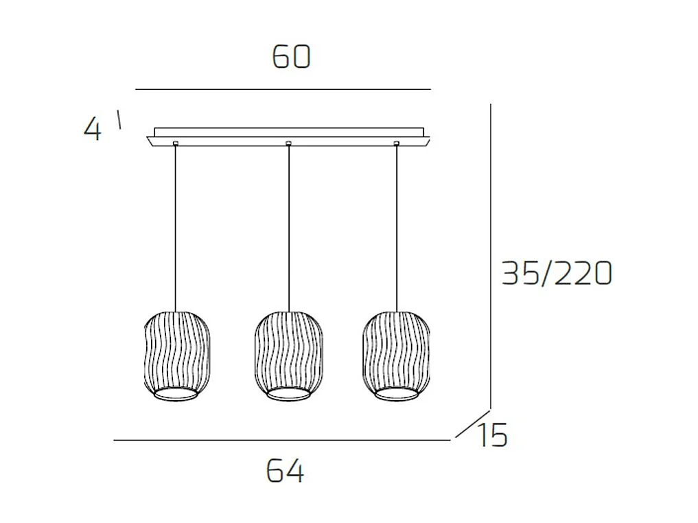 Sospensione Cromo 3 Luci Rettangolare Vetri Tr + 2X Bf