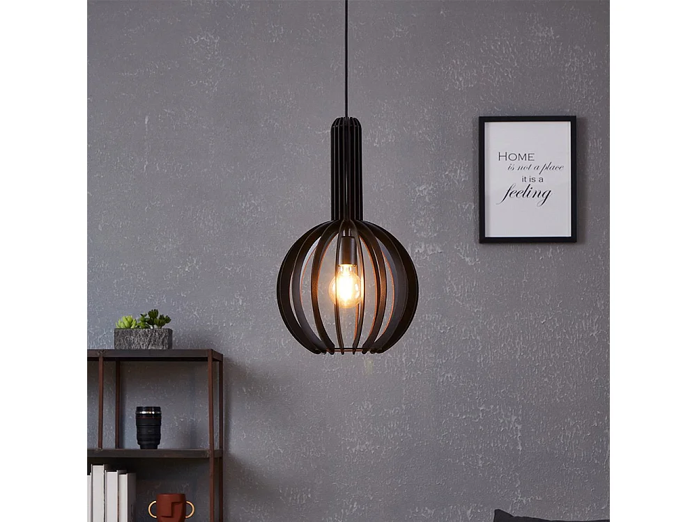 Lampadario Industrial Velasco 1 Luce Acciaio Nero Diffusore Nero Tondo