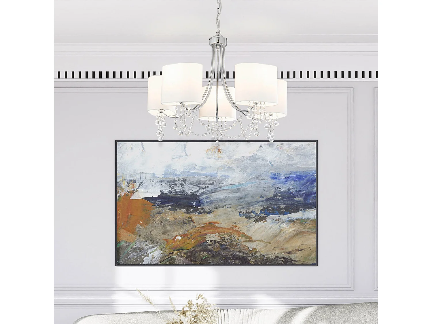 Searchlight Nina - Sospensione a soffitto a 5 luci multibraccio cromata, cristalli con paralumi, attacco E14