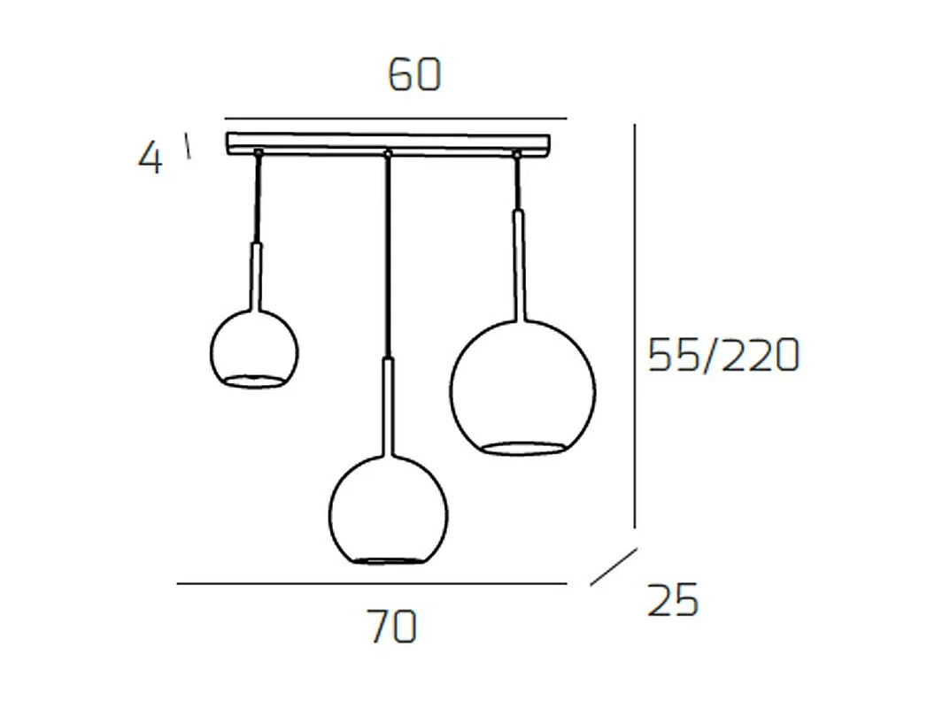 Sosp. Cromo Rettangolare 3 Luci Vetri (1 X Grande+ 1 X Medio+ 1 X Piccolo)Tutti Ambra