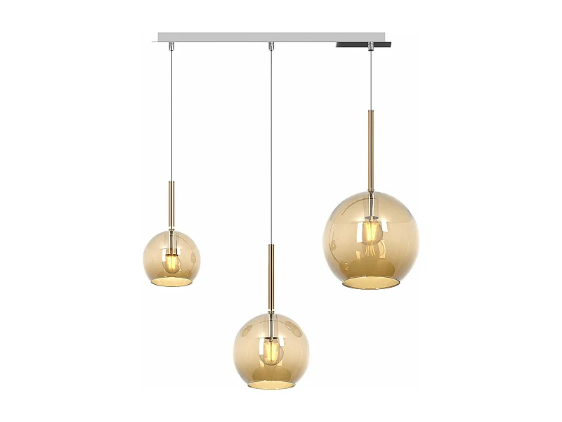 Sosp. Cromo Rettangolare 3 Luci Vetri (1 X Grande+ 1 X Medio+ 1 X Piccolo)Tutti Ambra