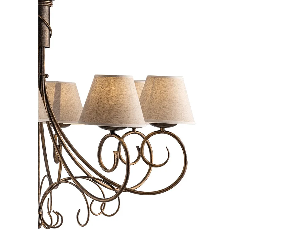 Lustre Viena em ferro castanho com deco abajures de ouro antigo e d. 13 em tecido de juta efeito pvc 8 luzes 123 Ø78