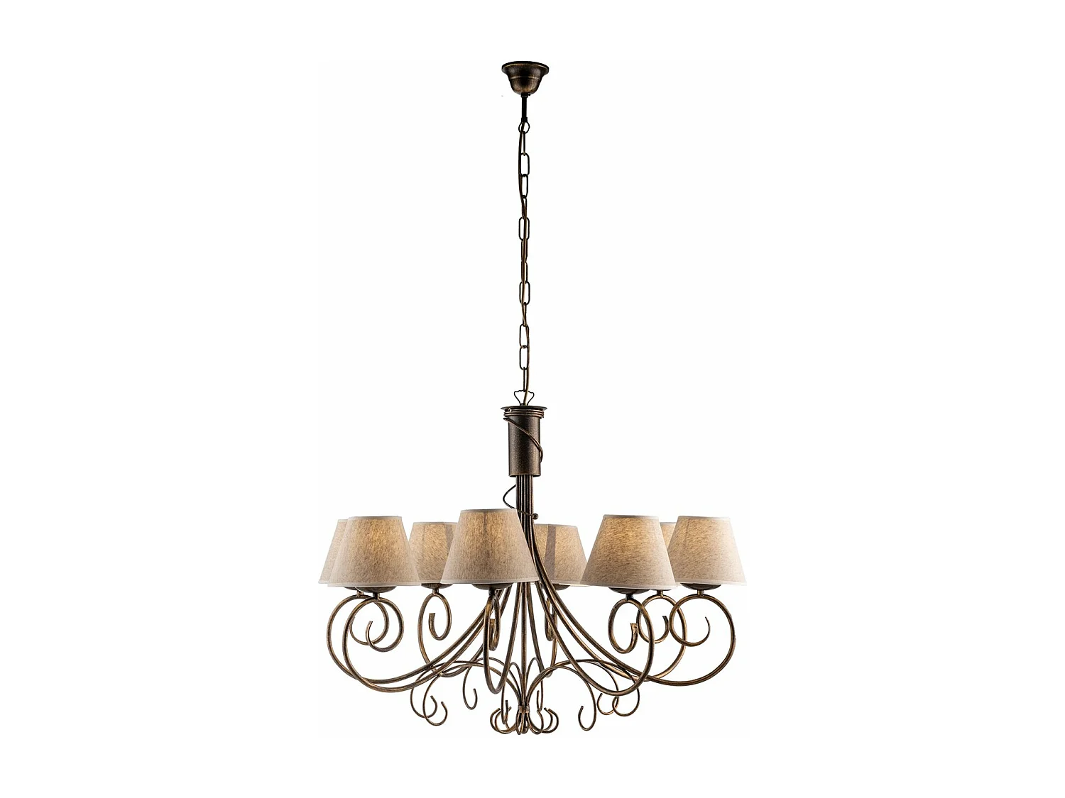 Lustre Vienna fer marron, décor or antique, abat-jour jute d.13, 8 lumières d.78 cm, ambiance rustique chic