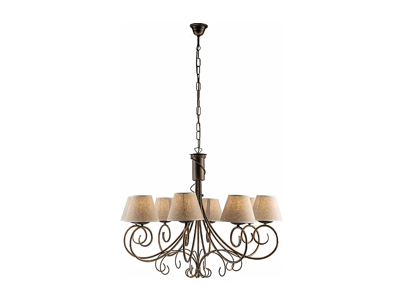 Lustre Vienna fer marron, décor or antique, abat-jour jute d.13, 8 lumières d.78 cm, ambiance rustique chic