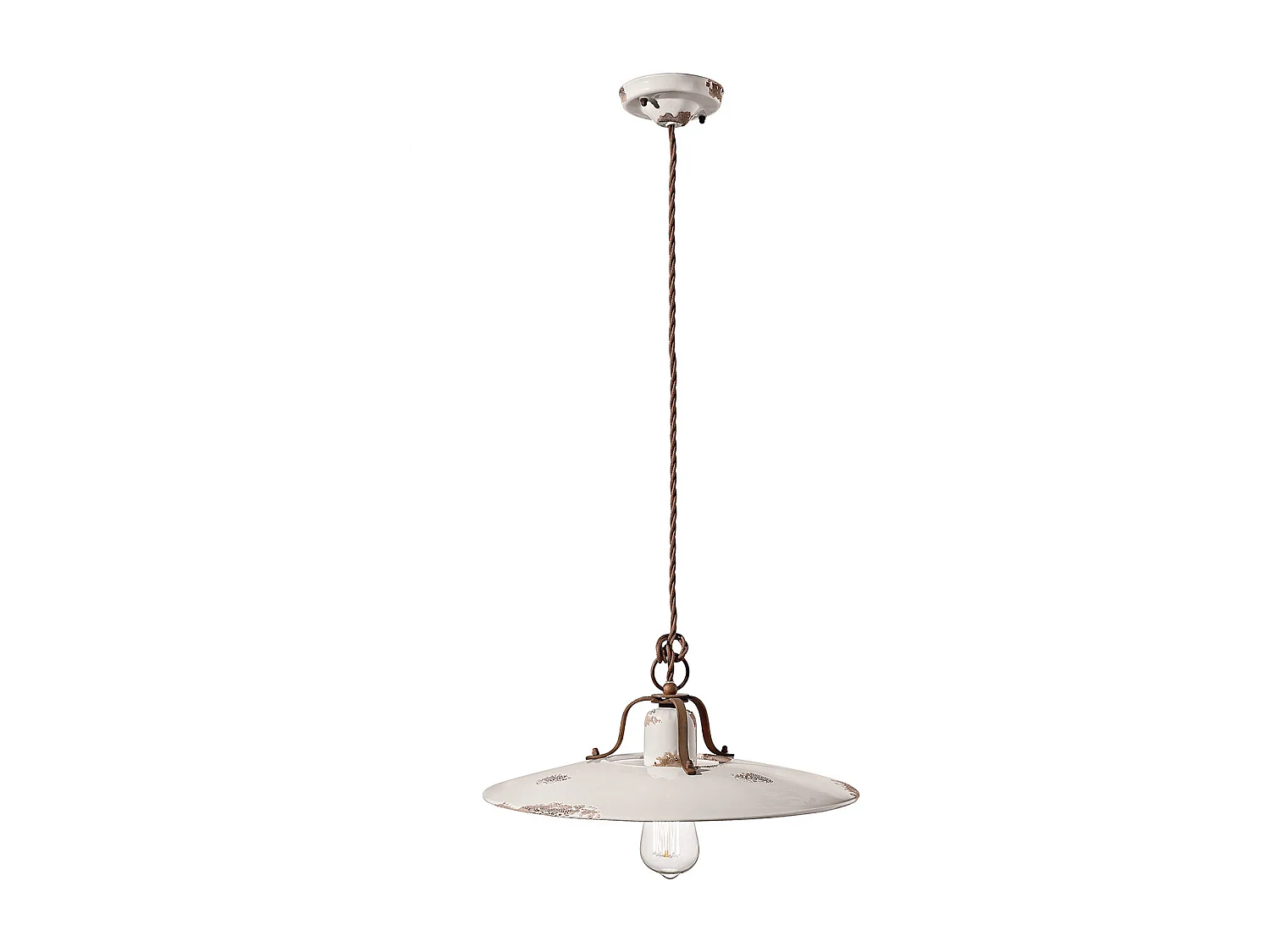 Lampadario Vintage Country Ferro E Ceramica Bianco 1 Luce E27