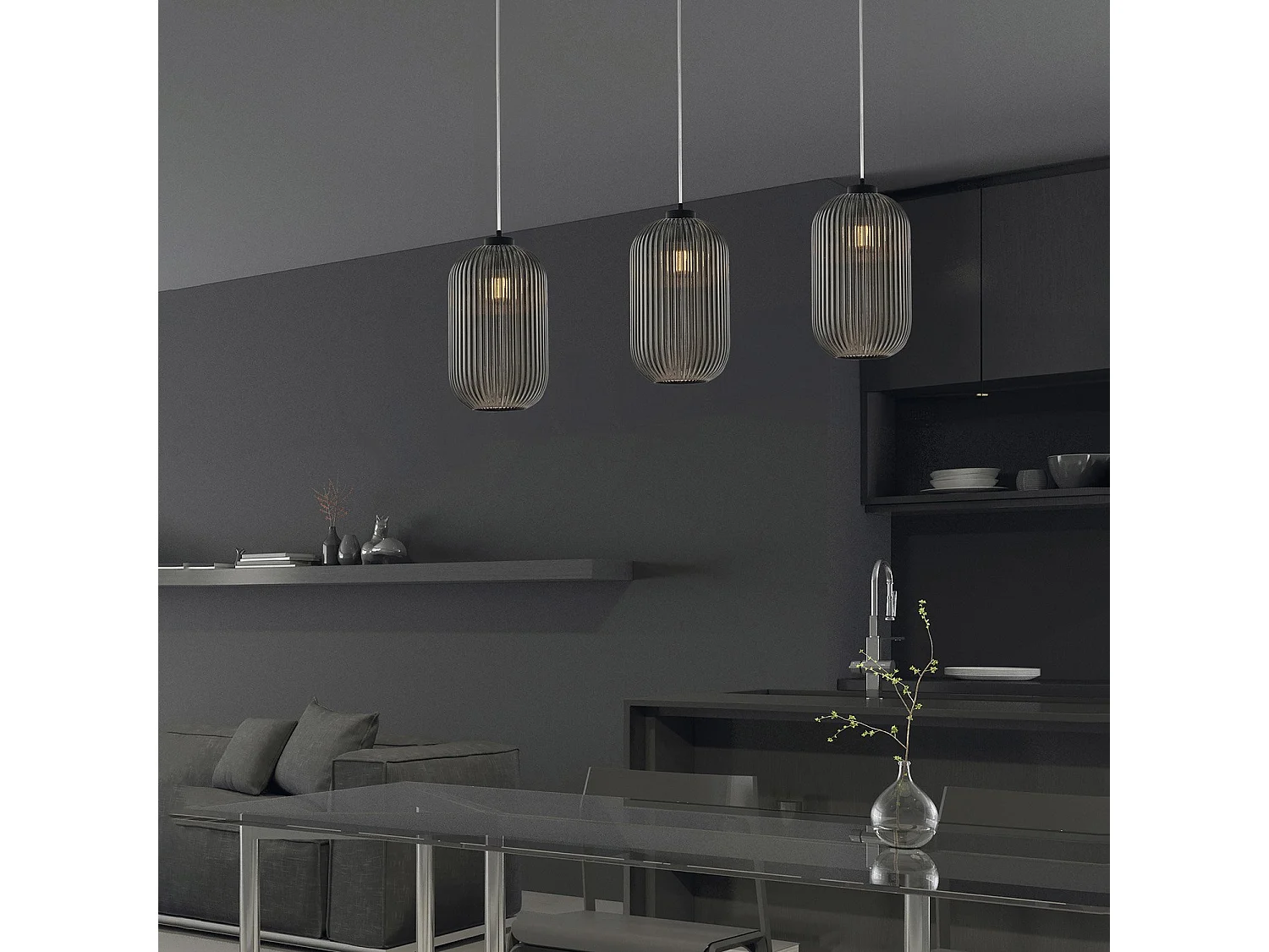 Suspension Krizia fer noir, câble réglable, verre soufflé miroir gris décor surélevé, 1 lumière, look sophistiqué