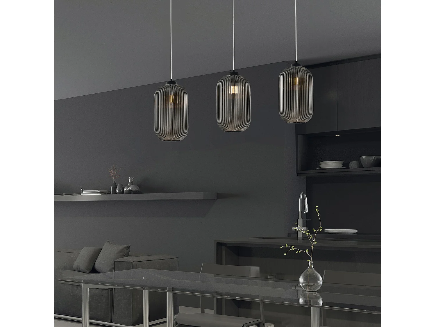 Suspension Krizia fer noir, câble réglable, verre soufflé miroir gris décor surélevé, 1 lumière, look sophistiqué