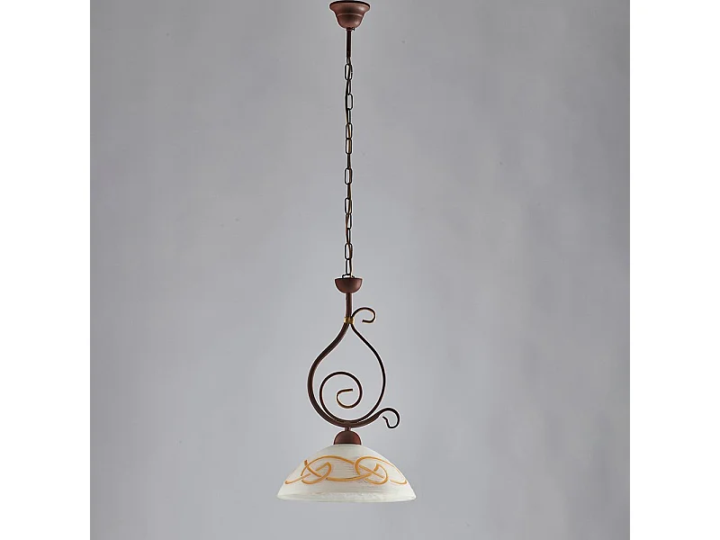 Sospensione Rustica 1Luce Ferro Battuto Nero Ruggine Vetro Ambra Serie Faraone