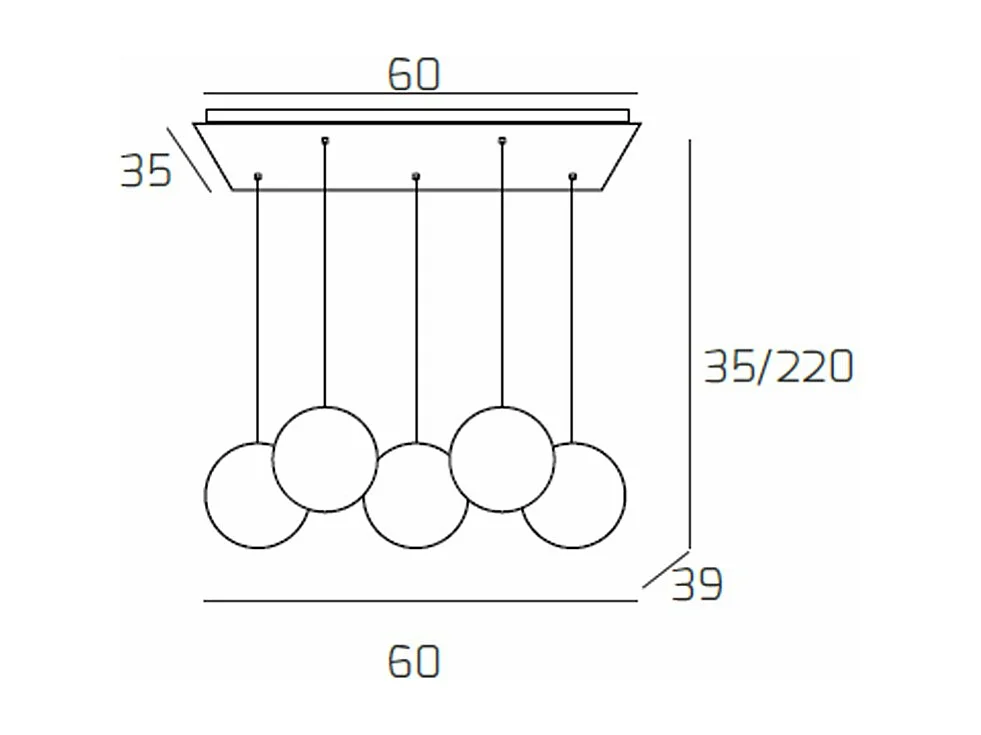Sospensione Cromo 5 Luci Rettangolare Vetri Fume