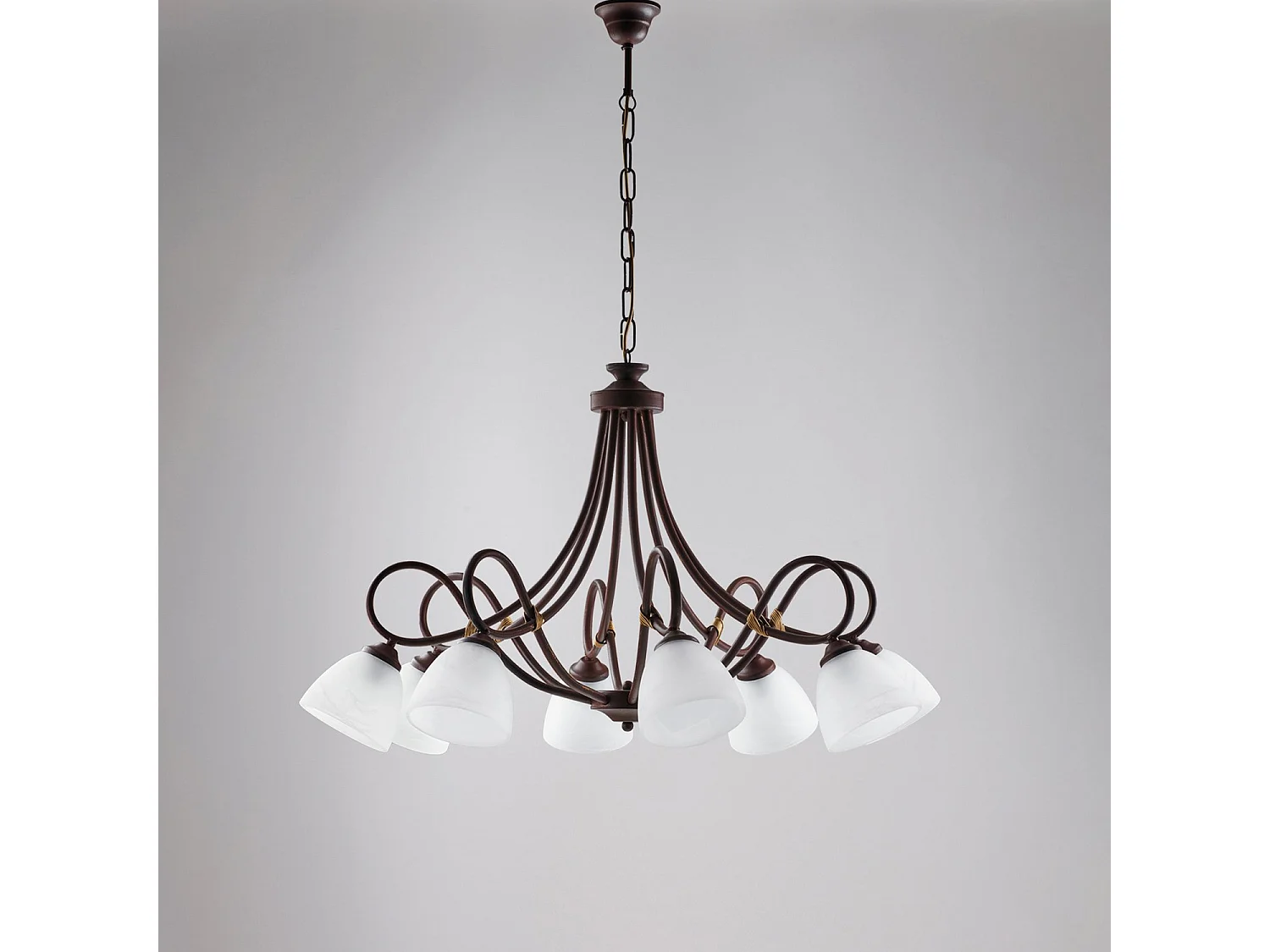 Lustre Dallas noir, effet rouille et or antique, verre albâtre d.13, 8 lumières look industriel vintage