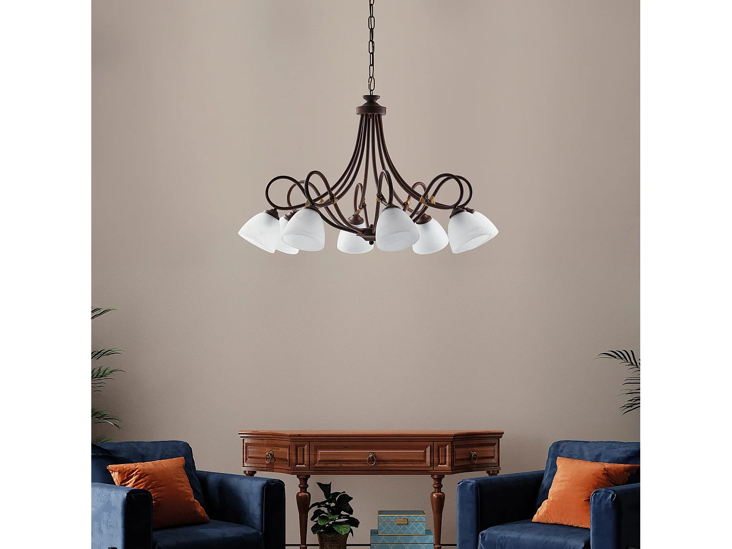 Lustre Dallas noir, effet rouille et or antique, verre albâtre d.13, 8 lumières look industriel vintage