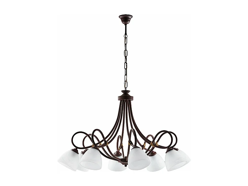 Lustre Dallas noir, effet rouille et or antique, verre albâtre d.13, 8 lumières look industriel vintage