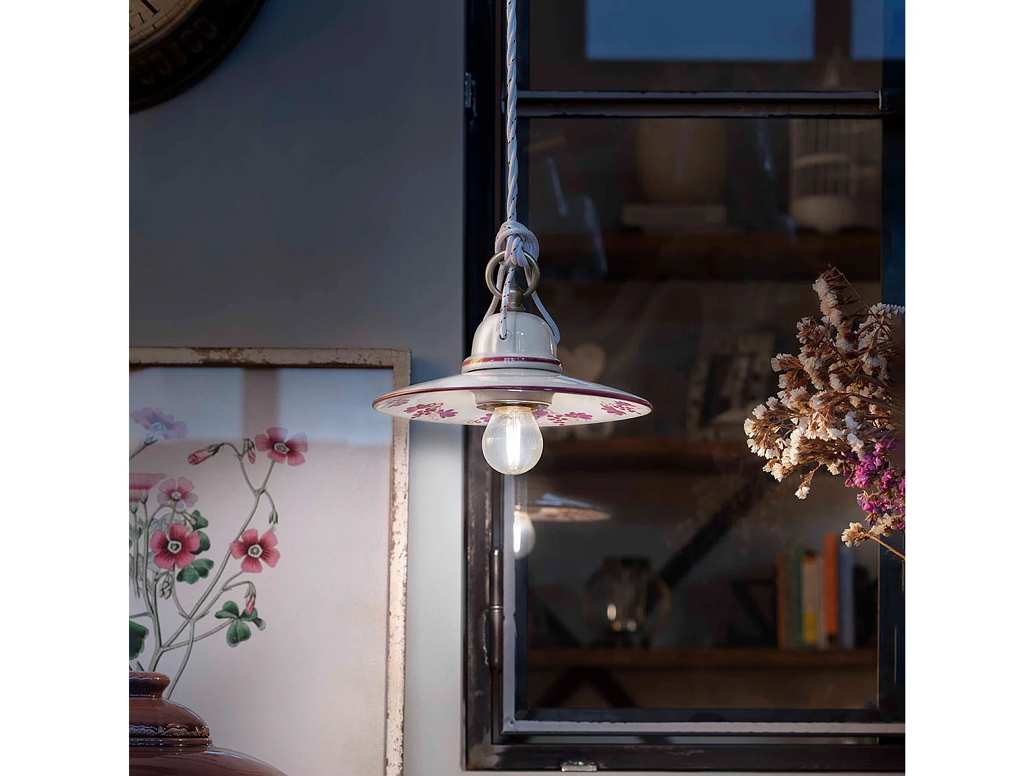 Sospensione Classico Asti Ferro E Ceramica Ottone Satinato Decorato 1 Luce E27