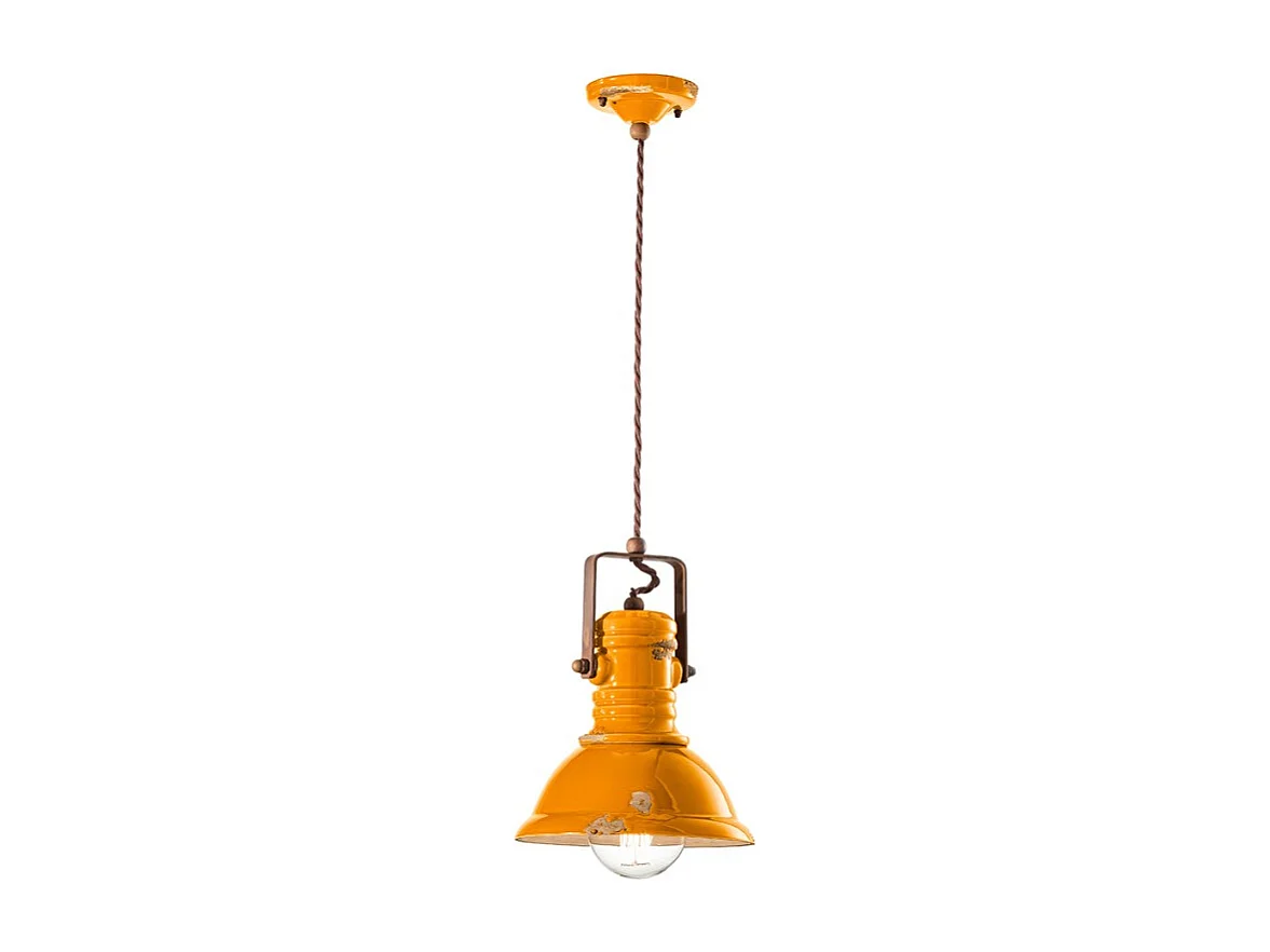 Lampadario Industrial Ferro E Ceramica Vintage Giallo 1 Luce E27 23Cm