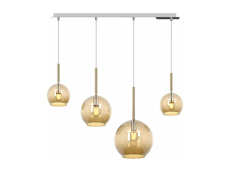 Sosp. Cromo Rettangolare 4 Luci Vetri (1 Grande+1 Medio+2 Piccolo) Tutti Ambra