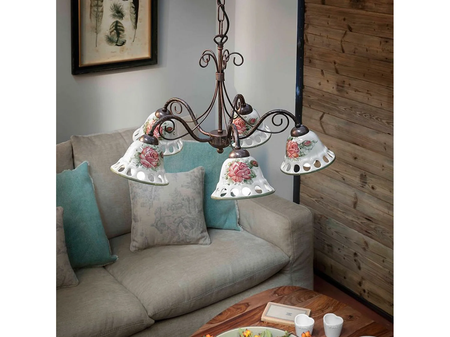 Lampadario Classico Napoli Metallo E Ceramica Nero Sfumato Rame 5 Luci E14