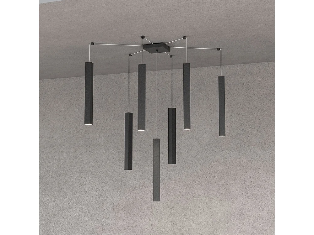 Square Tube Sospensione 7 Luci Nero Cavo Cm.250 Con Base