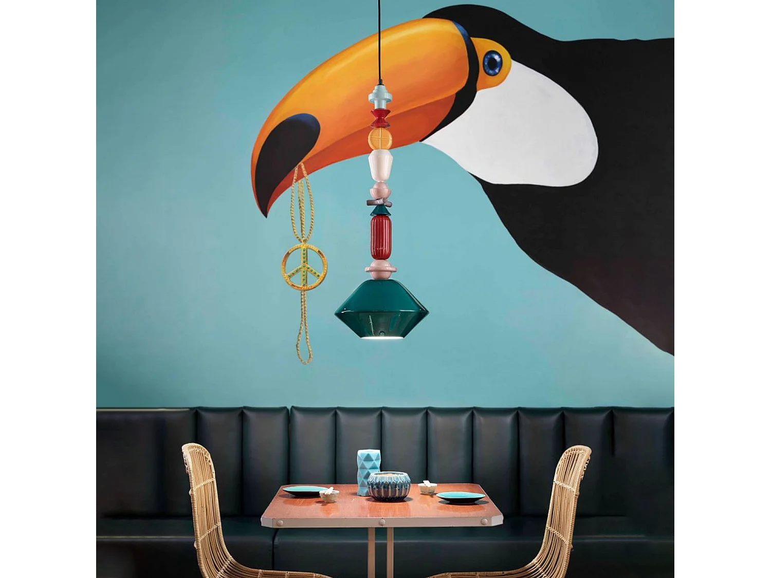 Sospensione Grande Vintage Decò Lariat Ceramica Verde Petrolio 1 Luce E27