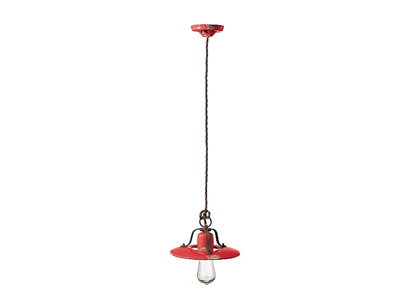 Lampadario Vintage Country Ferro E Ceramica Rosso 1 Luce E27 25Cm