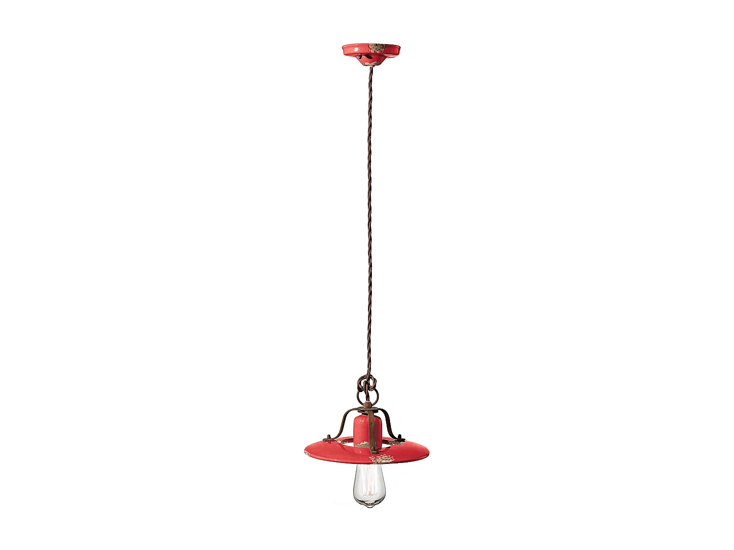 Lampadario Vintage Country Ferro E Ceramica Rosso 1 Luce E27 25Cm