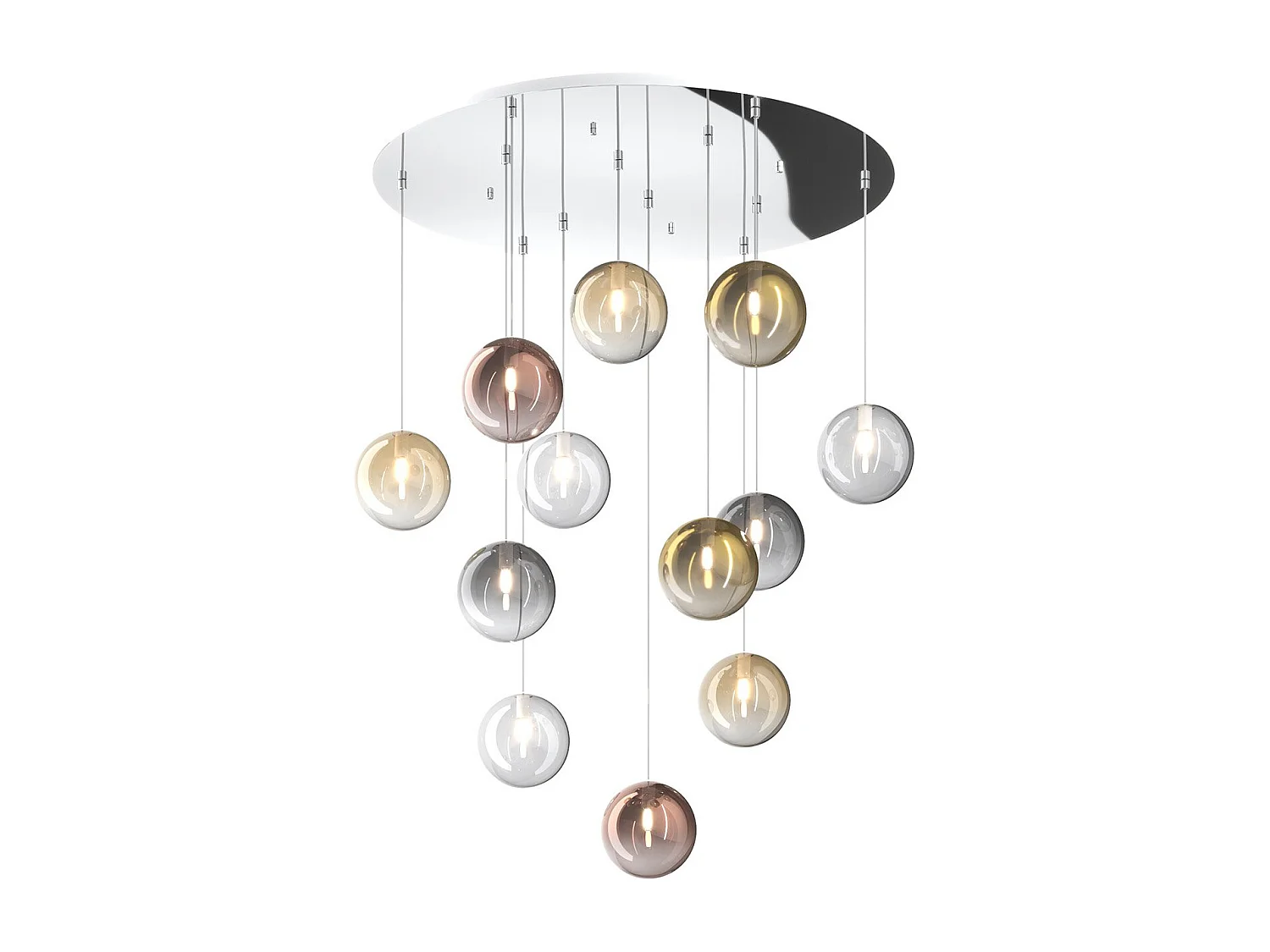 Sospensione Cromo 12 Luci Tonda Vetri 3X Tr + 3X Am + 2X Fu + 2X Ra + 2X Or