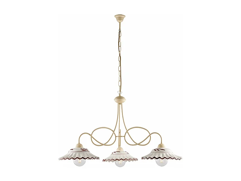 Lámpara de araña Bistrot en hierro lacado marfil y decoraciones. Efecto decapé con difusores cerámicos d. 30 blanco y marrón 3 luces 115 Ø80
