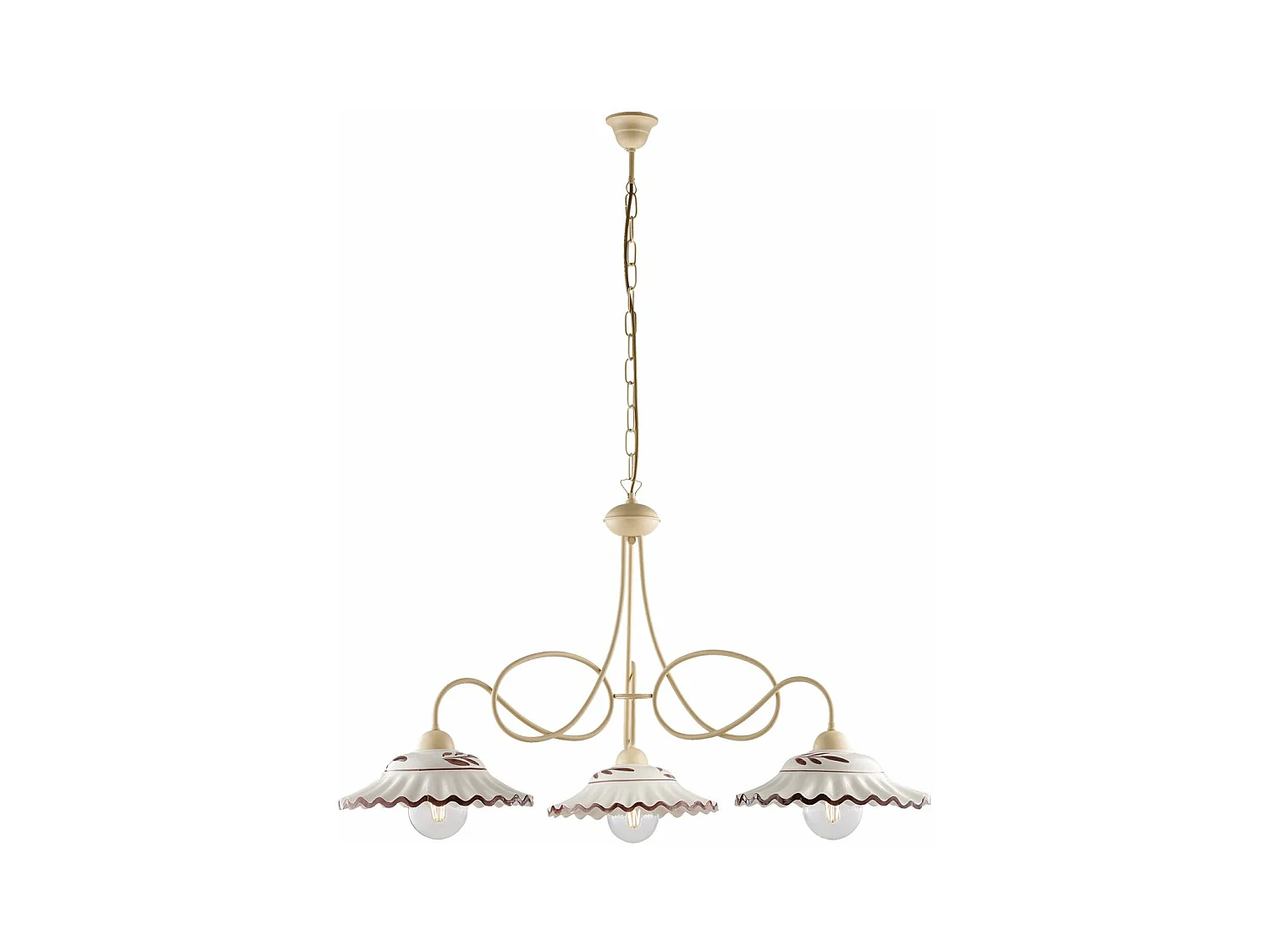 Lustre Bistrot fer ivoire, effet décapé, diffuseurs céramique d.30, blanc/marron, 3 lumières d.80 cm, style campagne