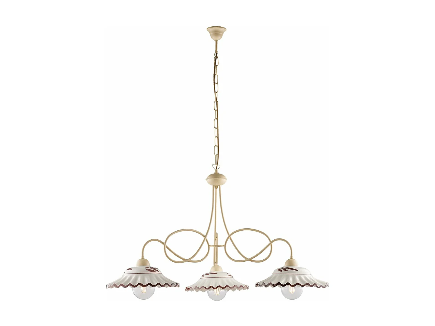 Lustre Bistrot fer ivoire, effet décapé, diffuseurs céramique d.30, blanc/marron, 3 lumières d.80 cm, style campagne