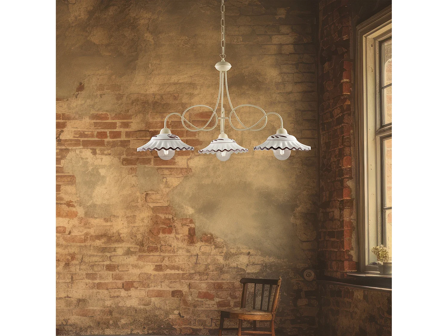 Lustre Bistrot fer ivoire, effet décapé, diffuseurs céramique d.30, blanc/marron, 3 lumières d.80 cm, style campagne