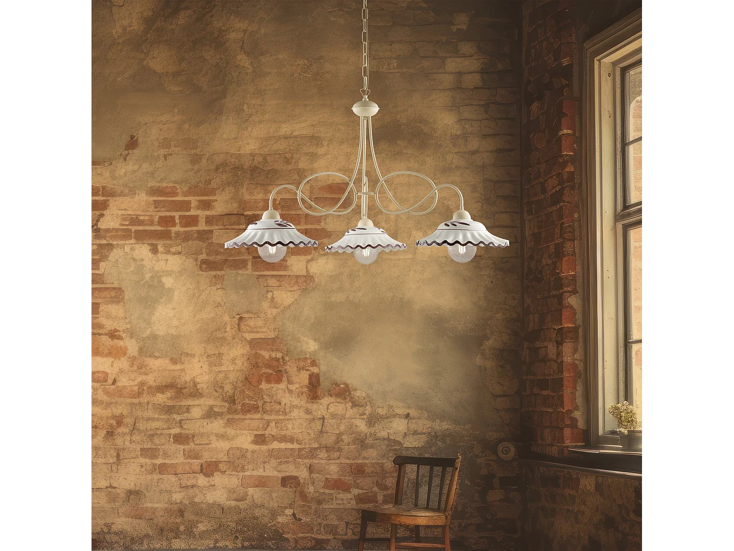 Lustre Bistrot fer ivoire, effet décapé, diffuseurs céramique d.30, blanc/marron, 3 lumières d.80 cm, style campagne