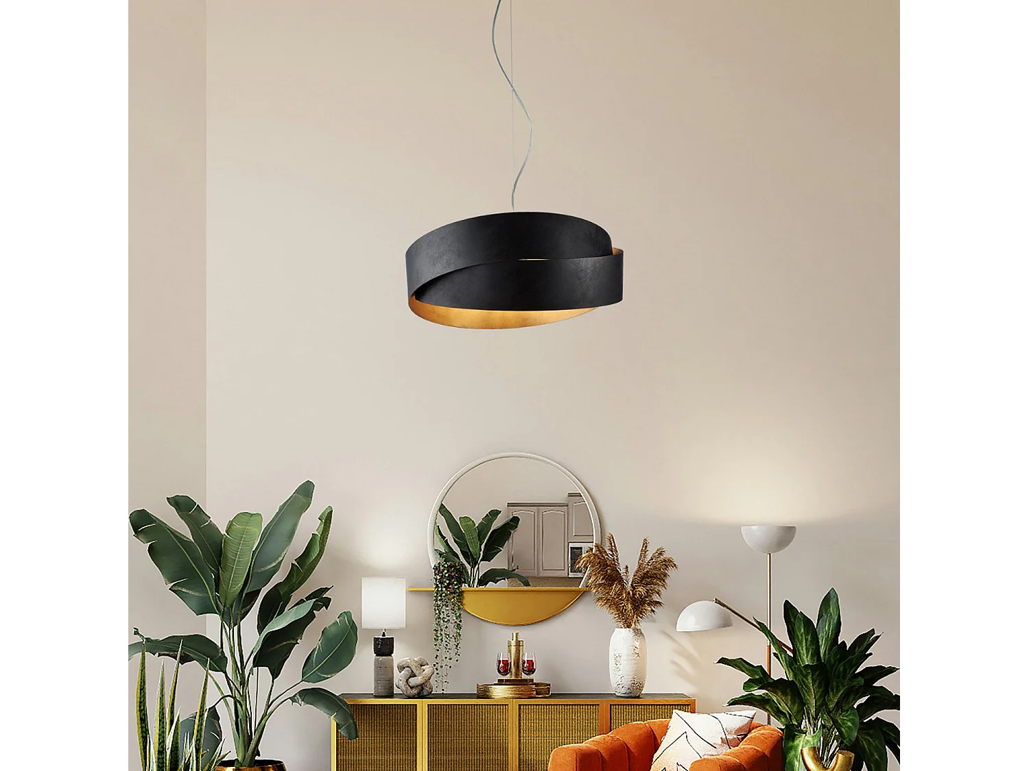 Astro - Suspensão em ferro lacado preto com deco exterior e decoração pretos. interior em ouro antigo e cabo de aço ajustável 2 luzes