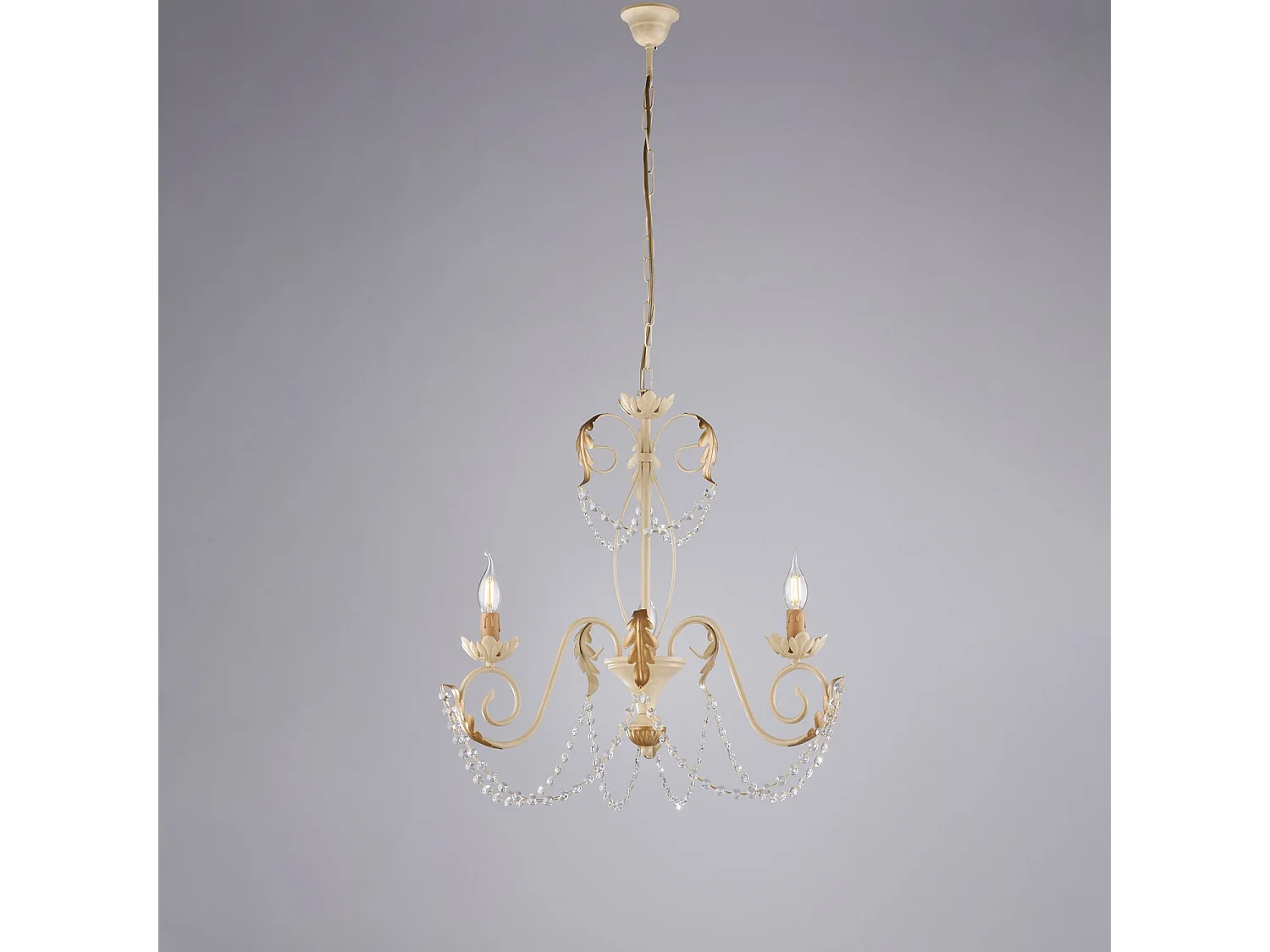 Lustre Damasco fer ivoire, strass cristal, déco or antique effet décapé, 3 lumières d.47 cm look élégant rétro