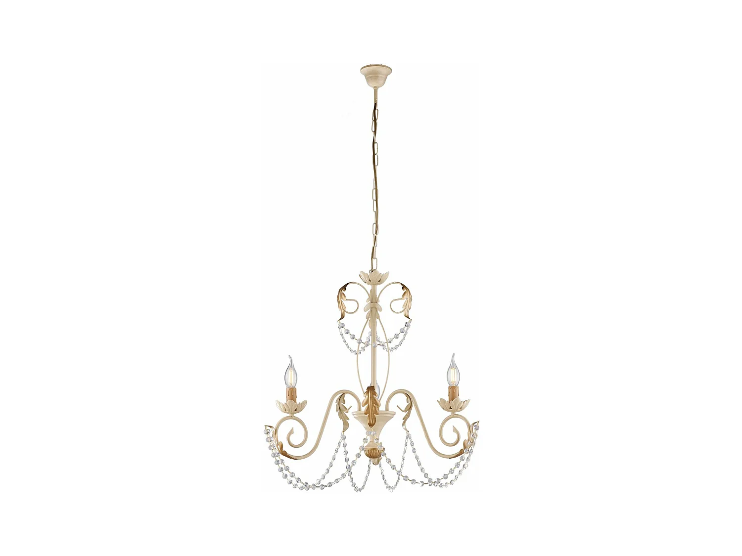 Lustre Damasco fer ivoire, strass cristal, déco or antique effet décapé, 3 lumières d.47 cm look élégant rétro