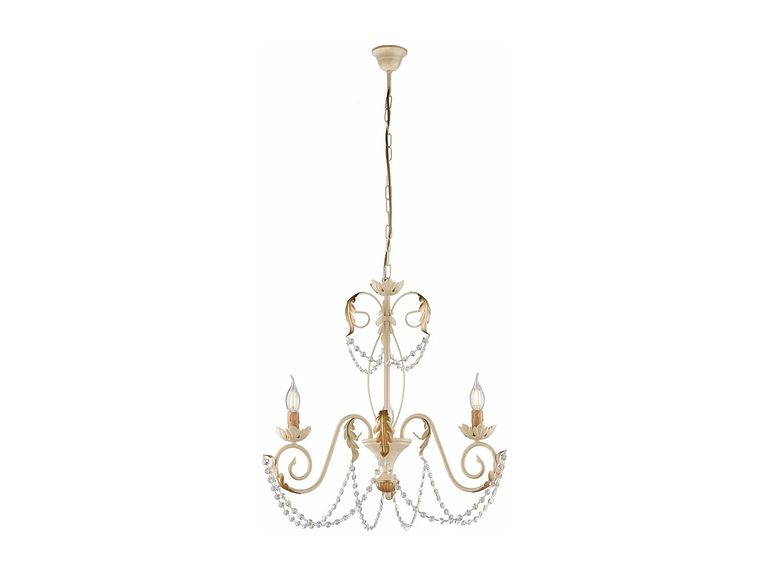 Lustre Damasco fer ivoire, strass cristal, déco or antique effet décapé, 3 lumières d.47 cm look élégant rétro