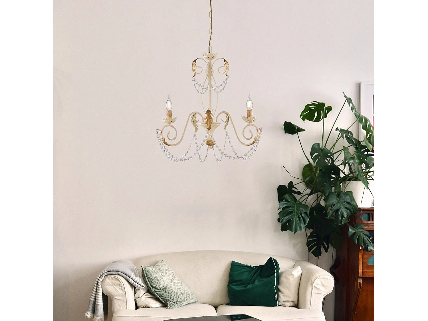 Lustre Damasco fer ivoire, strass cristal, déco or antique effet décapé, 3 lumières d.47 cm look élégant rétro