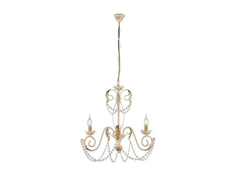 Lustre Damasco fer ivoire, strass cristal, déco or antique effet décapé, 3 lumières d.47 cm look élégant rétro