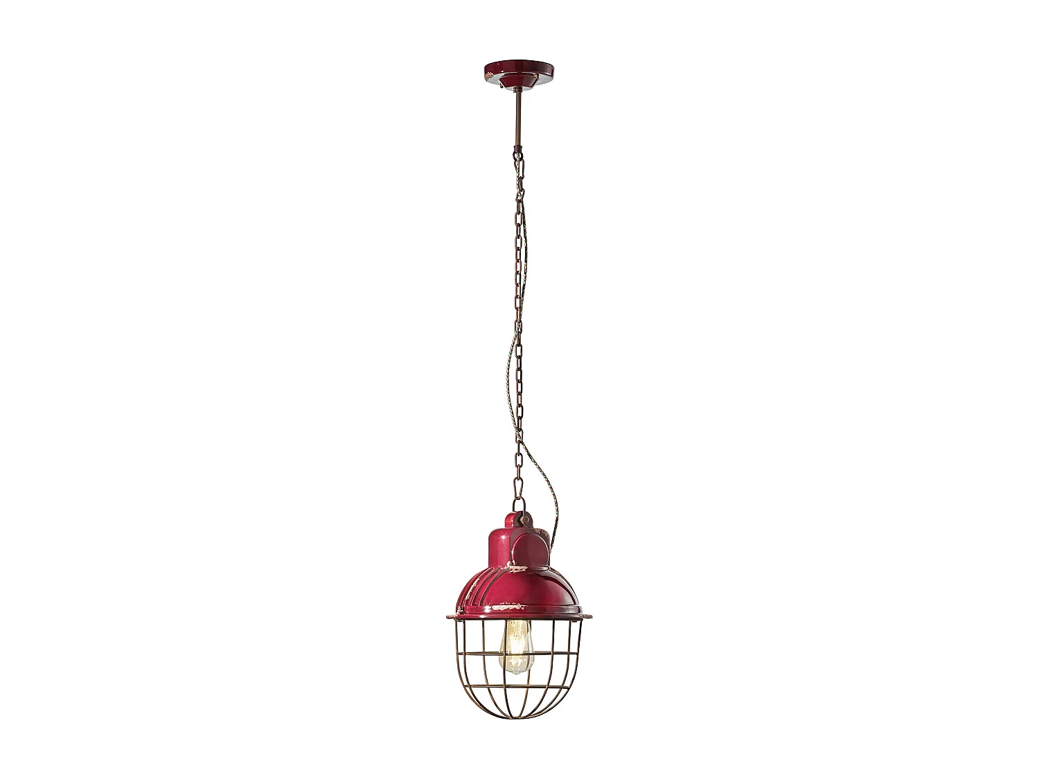 Lampadario Industrial Ferro E Ceramica Con Rete Vintage Bordeaux 1 Luce E27 26Cm